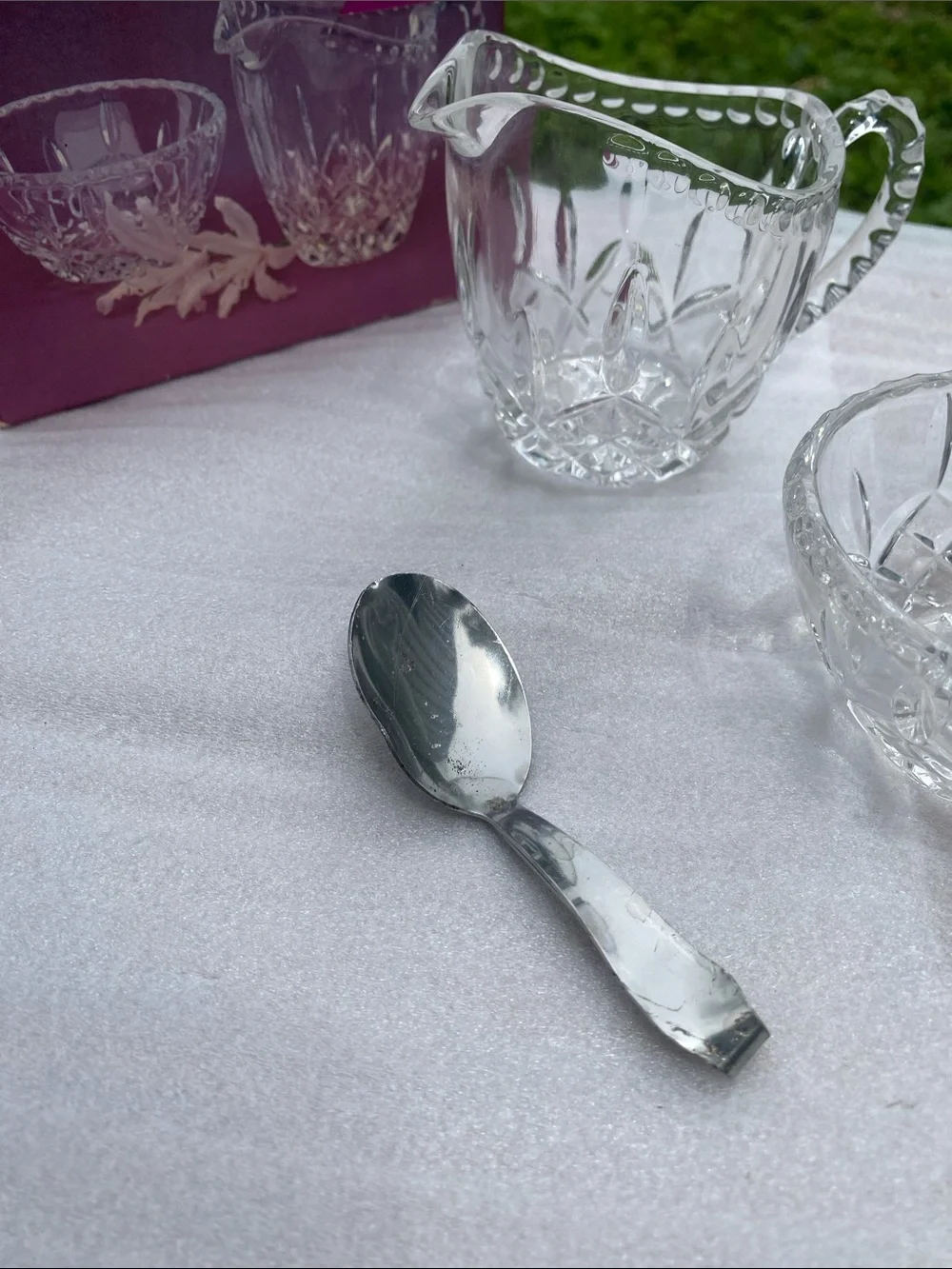 Crystal Gems 24% Lead Crystal Creamer Sugar Bowl Serving Spoon Original Box 1970